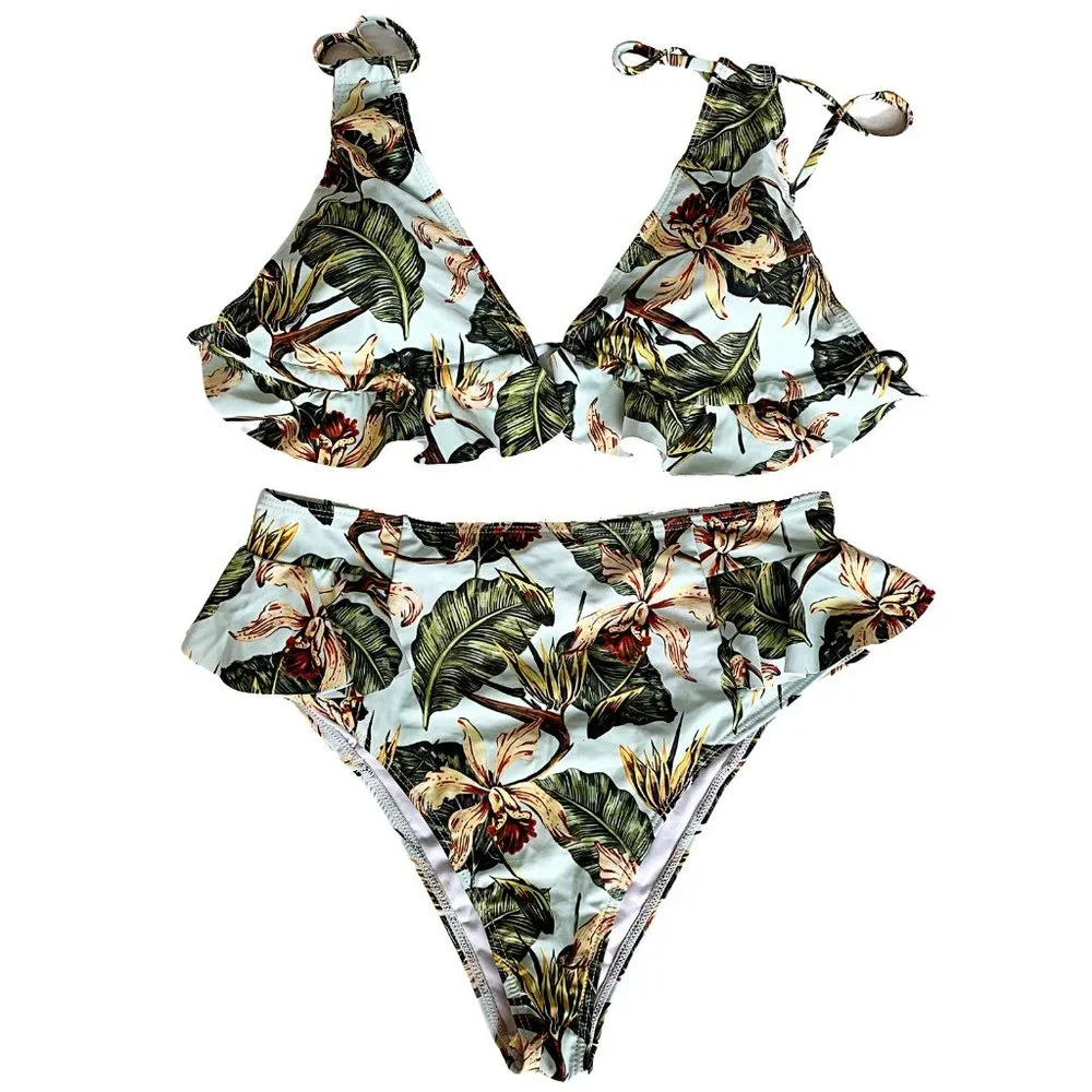 Tropical Palm High Waisted Ruffle Bikini Set - Picture 6 of 10